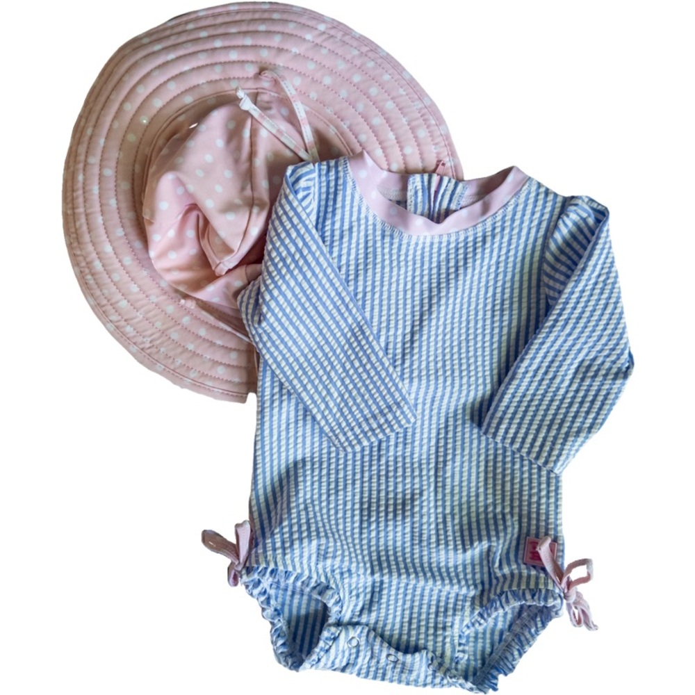RuffleButts Seersucker One-Piece Rashguard Swimsuit and Hat Bundle